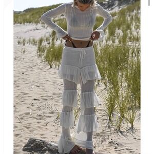 YLLW Clara Ruffle Pants Small Ivory Cream Knit Sheer Boho Festival honeymoon
